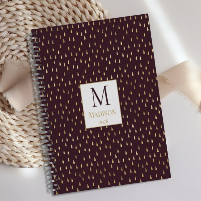 Burgundy Gold Raindrop Modern Trendy Monogram Planner (Creator Uploaded)