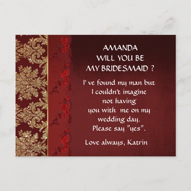Burgundy Gold Red Lace Will You Be My Bridesmaid Invitation Postcard (Front)