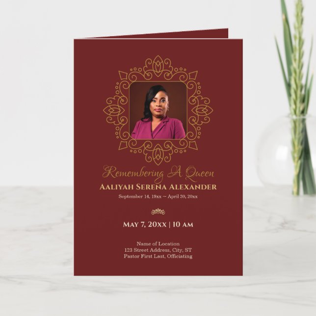 Burgundy & Gold Regal Theme Photo Funeral Program Invitation (Front)