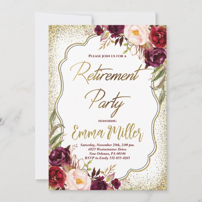 Burgundy & Gold Retirement Celebration Invitation (Front)