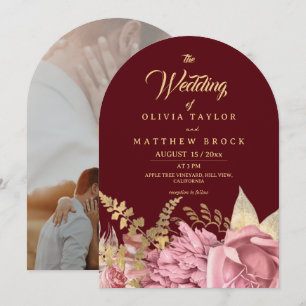 Burgundy Gold Rose ⎮ Blush Floral Wedding  Invitation