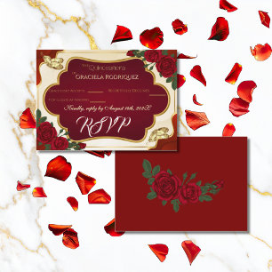 Burgundy & Gold Rose Quinceañera RSVP Card
