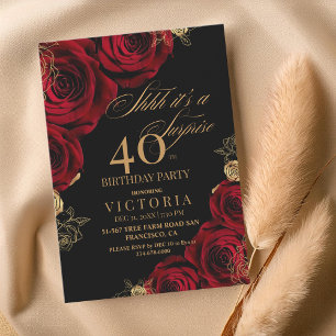 Burgundy Gold Roses Forty 40th Birthday Party Invitation