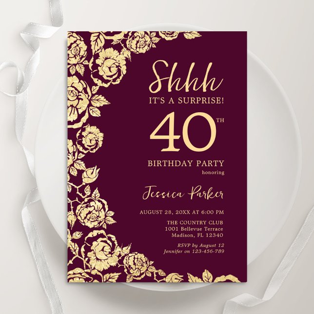 Burgundy Gold Roses Surprise 40th Birthday Invitation (Creator Uploaded)