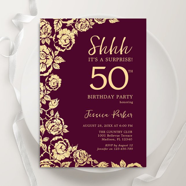 Burgundy Gold Roses Surprise 50th Birthday Invitation (Creator Uploaded)