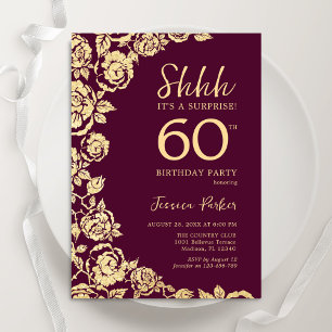 Burgundy Gold Roses Surprise 60th Birthday Invitation