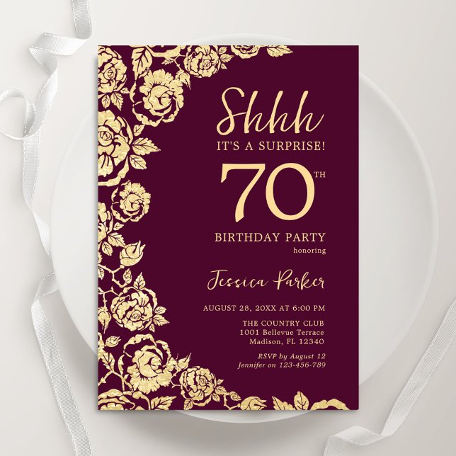 Burgundy Gold Roses Surprise 70th Birthday Invitation (Creator Uploaded)