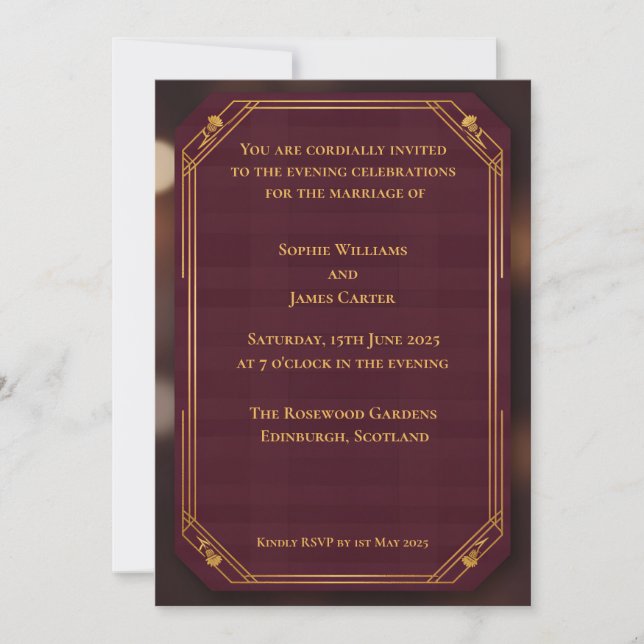 Burgundy Gold Scottish Evening Wedding Invitation  (Front)