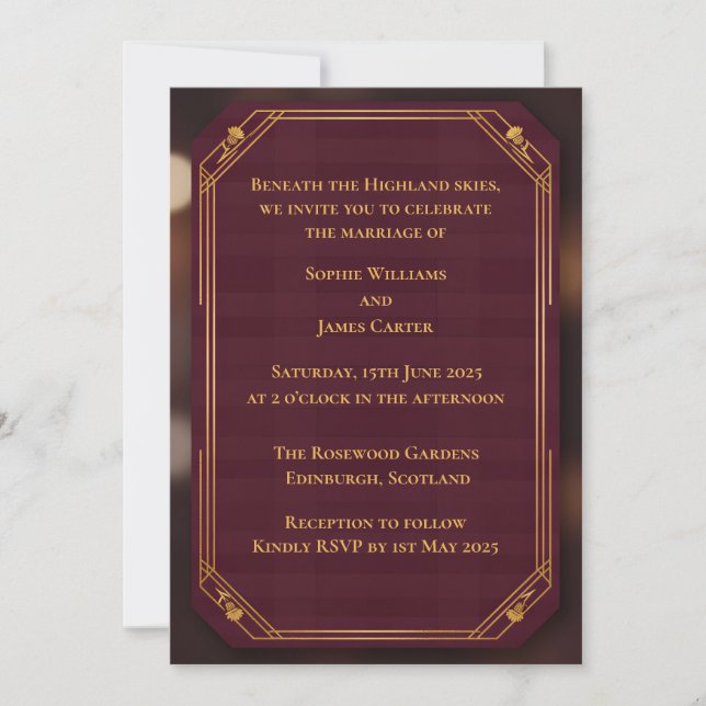 Burgundy Gold Scottish Wedding Invitation | Rich R (Front)