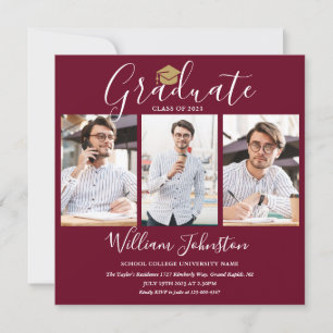 Burgundy Gold Script 4 Photo Graduation Party Invitation