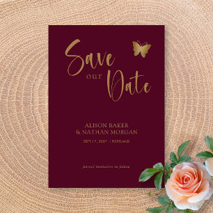Burgundy & Gold Script: Glitter Butterfly Wedding Save The Date