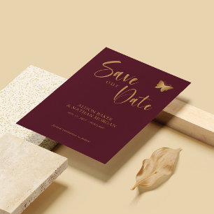 Burgundy & Gold Script: Glitter Butterfly Wedding Save The Date
