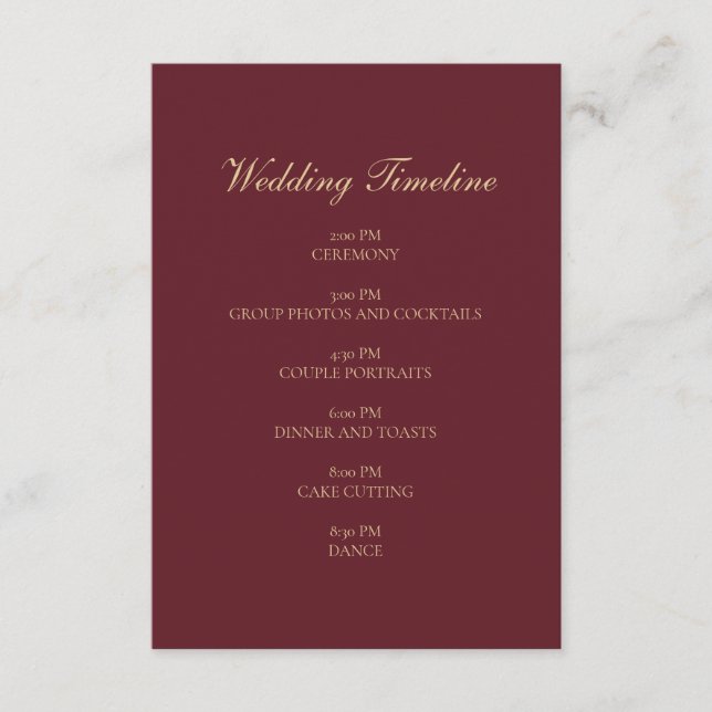 Burgundy Gold Script Minimal Wedding Timeline Card (Front)