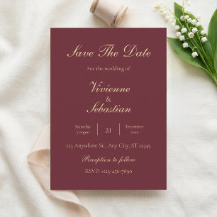Burgundy Gold Script Minimalist Save the Date Invitation