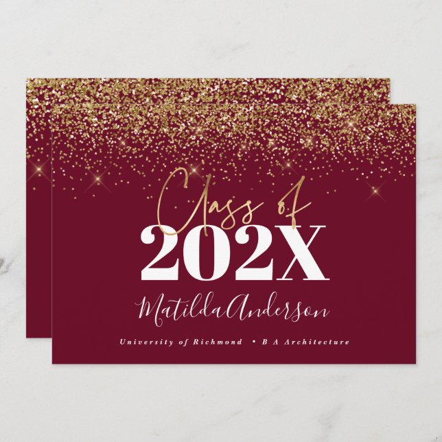 burgundy gold script modern elegant graduation  invitation (Front/Back)