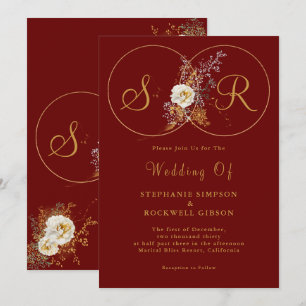 Burgundy Gold Script Monogram Wedding  Invitation