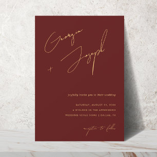 Burgundy & Gold Script Photo QR Code Wedding Invitation