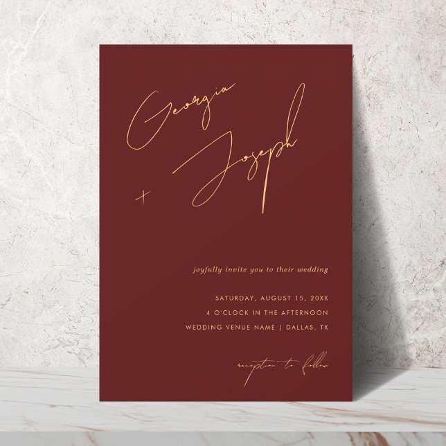 Burgundy & Gold | Script Photo QR Code Wedding Invitation (Creator Uploaded)