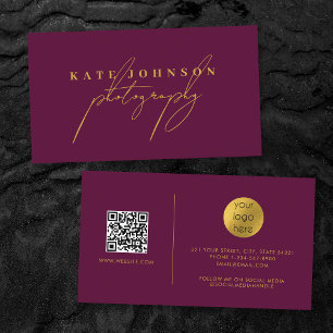 Burgundy Gold Script QR Code Social Media  Business Card
