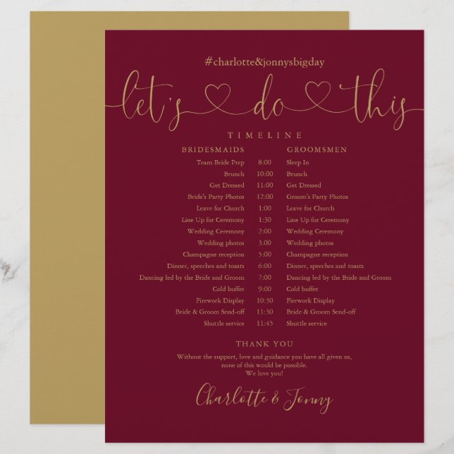Burgundy Gold Script Wedding Schedule Timeline (Front/Back)