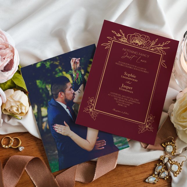 Burgundy Gold Simple Nothing Fancy Photo Wedding Invitation (Creator Uploaded)