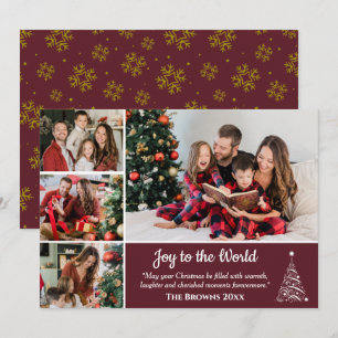 Burgundy Gold Snow 4 Photo Collage Christmas Card