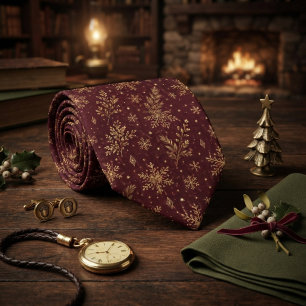 Burgundy Gold Snowflake Christmas Tie