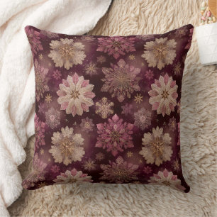 Burgundy Gold Snowflakes Elegant Christmas Floral Cushion
