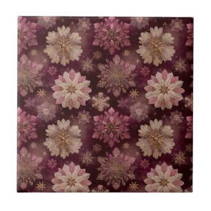 Burgundy Gold Snowflakes Elegant Christmas Floral Tile
