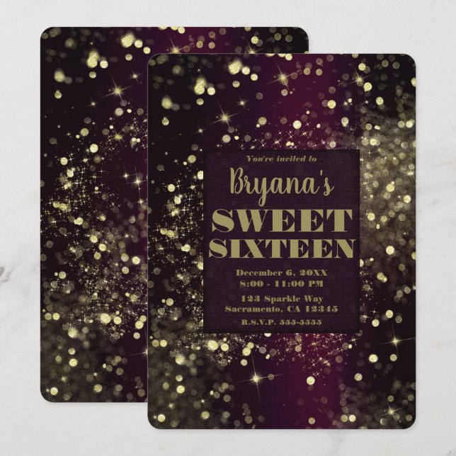 Burgundy Gold Sparkling Lights Glam Sweet 16 Party Invitation (Front/Back)
