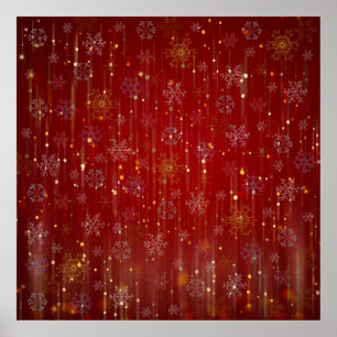 Burgundy Gold Sparkling Snow Flakes Poster