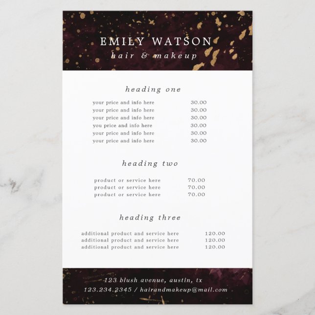 Burgundy gold sprinkles service and price flyer (Front)