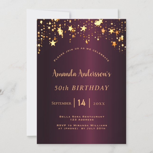 Burgundy gold stars birthday invitation (Front)