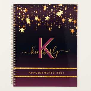 Burgundy gold stars black glitter monogram 2027 planner