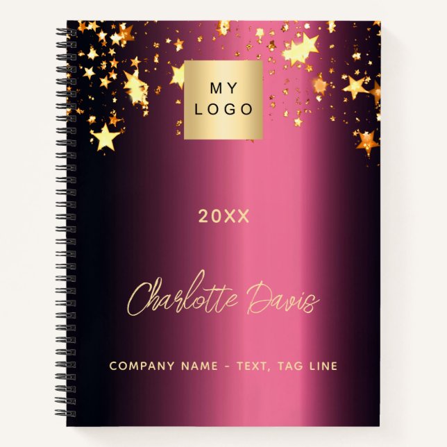 Burgundy gold stars business logo notebook (Front)