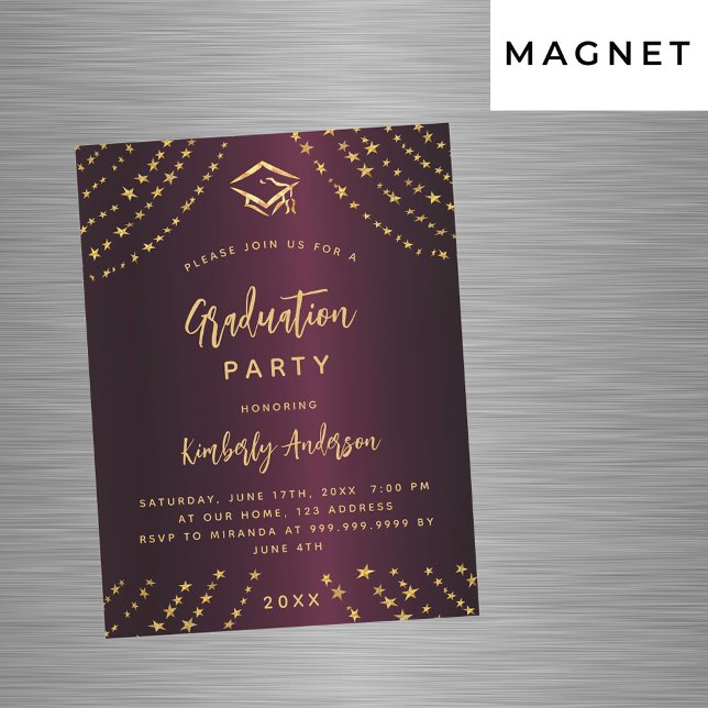 Burgundy gold stars graduation party modern luxury magnetic invitation (Creator Uploaded)