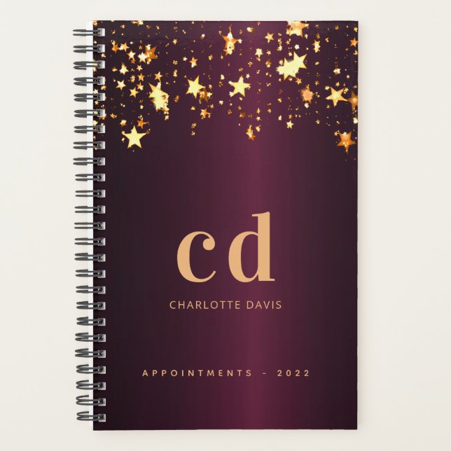 Burgundy gold stars monogram 2025 planner (Front)