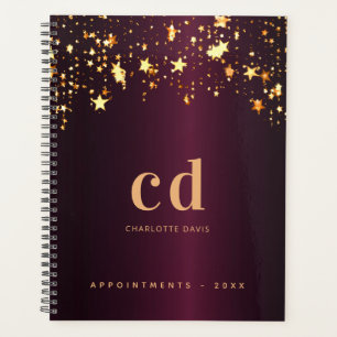 Burgundy gold stars monogram initials name planner