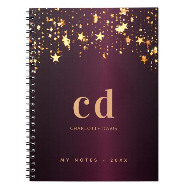 Burgundy gold stars monogram initials notebook (Front)