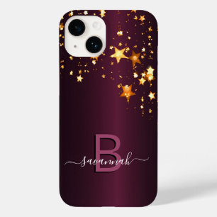 Burgundy gold stars monogram name elegant Case-Mate iPhone 14 case