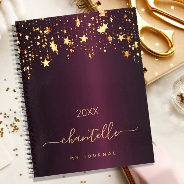 Burgundy gold stars monogram name modern chic notebook (Creator Uploaded)