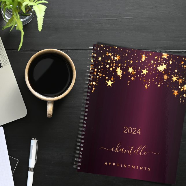 Burgundy gold stars name script glamourous 2025 planner (Creator Uploaded)