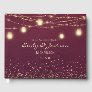 Burgundy Gold String Lights Lanterns Wedding Guest Book