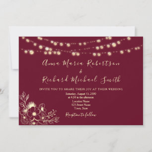 Burgundy Gold String Lights Wedding Invite