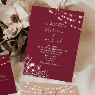 Burgundy Gold String Lights Wedding Invite