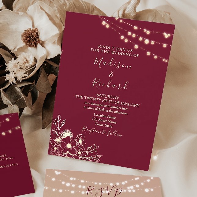 Burgundy Gold String Lights Wedding Invite (Creator Uploaded)