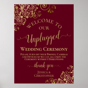 Burgundy & Gold Stylish Unplugged Wedding Ceremony Poster