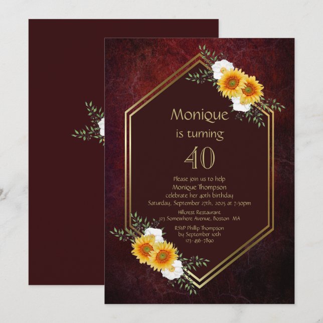 Burgundy Gold Sunflower Floral 40th Birthday Party Invitation (Front/Back)