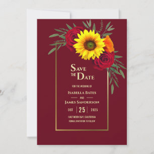 Burgundy Gold Sunflower Red Rose Wedding Save The Save The Date