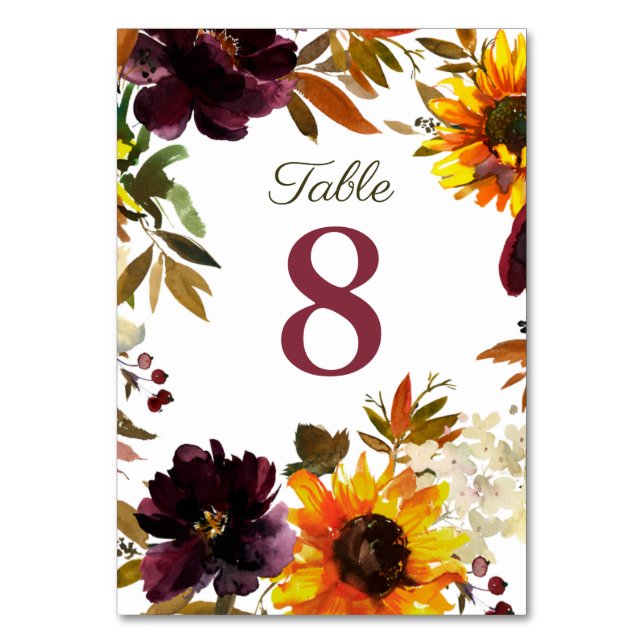 Burgundy & Gold Sunflower Wedding Invitations Table Number (Front)